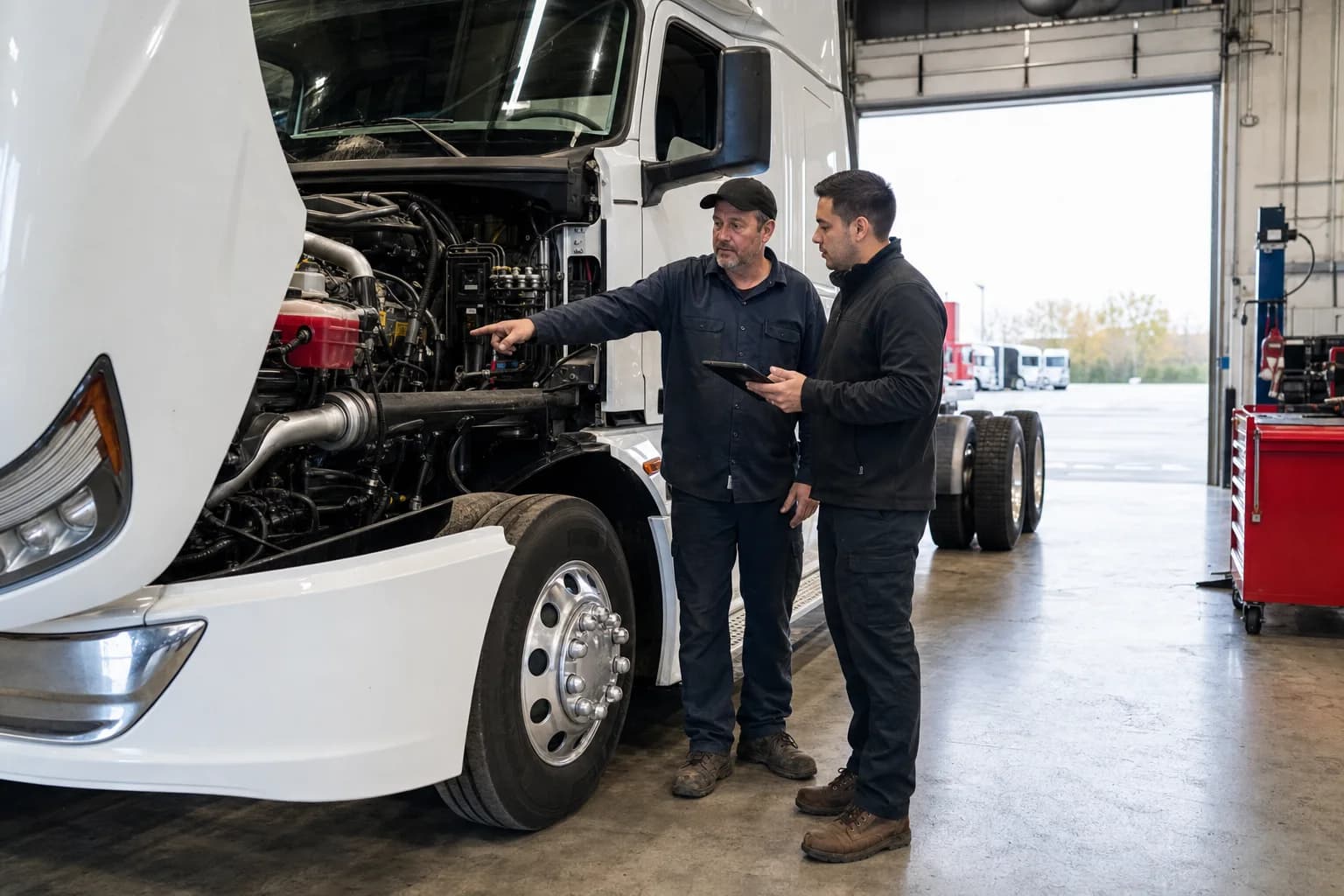 Leo Suter Trucking Gainesville technician and buyer inspecting a truck engine